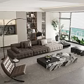Elegant Modern Living Room With Leather Sectional Sofa And Marble Coffee Table Set