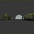 Natural Outdoor Scene of House with Green Lawn Trees Pathway and Lawn Mower