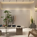 Modern Bright Clothing Store Interior With Clothes Racks Green Plants Display Table And Staircase