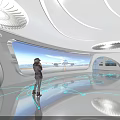 Modern Exhibition Hall With Curved White Ceiling Circular Light And Large Airplane Scene