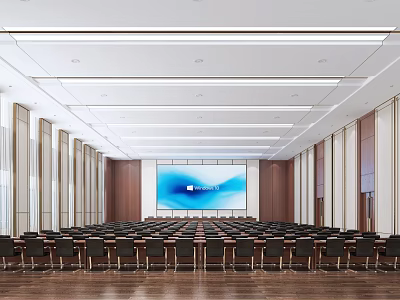 Large Conference Room With Black Chairs Large Screen Wooden Walls Curtains And Ceiling Light Strips 3d model