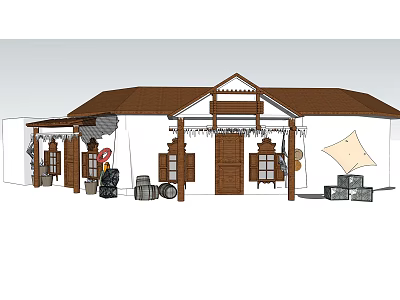 Wooden House Exterior Design With White Walls Brown Roof Porch And Decorative Lanterns 3d model