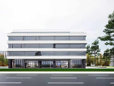 Modern Industrial Factory Building Exterior With Multi Story Glass Windows And Roadside Trees 3d model