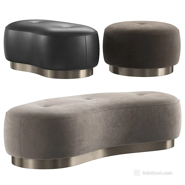 Elegant Curved Accent Ottoman Chairs In Black Brown Gray With Velvet Leather And Metal Base 3d model 