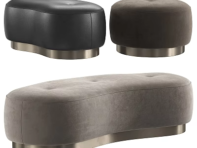 Elegant Curved Accent Ottoman Chairs In Black Brown Gray With Velvet Leather And Metal Base 3d model