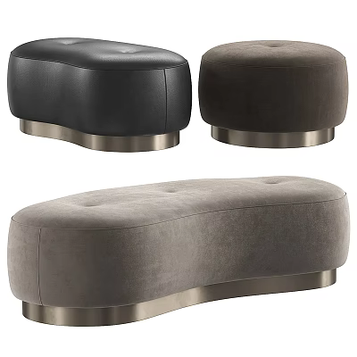 Elegant Curved Accent Ottoman Chairs In Black Brown Gray With Velvet Leather And Metal Base 3d model