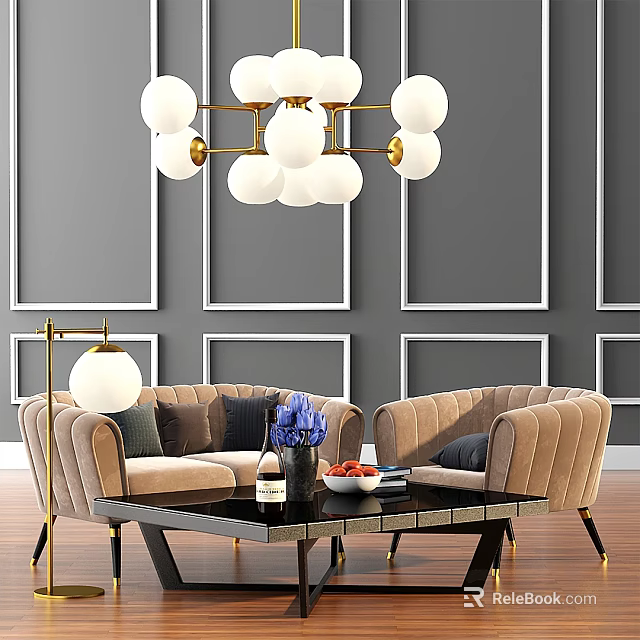 Elegant Velvet Sofa and Coffee Table Set with Pillows Vase Gold Chandelier and Gray Walls 3d model 