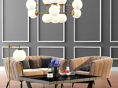 Elegant Velvet Sofa and Coffee Table Set with Pillows Vase Gold Chandelier and Gray Walls 3d model