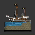 Pirate Ship Model With Wooden Hull Sails Jolly Roger Flags And Blue Water Base