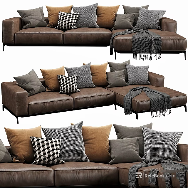 Brown Leather Sofa With Multiple Pillows And Blanket In Various Colors 3d model