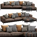 Brown Leather Sofa With Multiple Pillows And Blanket In Various Colors 3d model