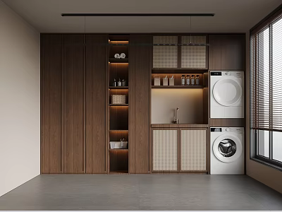 Modern Laundry Room Interior With Wooden Cabinets Washing Machine Dryer And Shelves 3d model