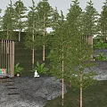 Scenic Park Landscape With Tall Trees Wooden Pavilions Stone Paved Seats And Grassy Lawn