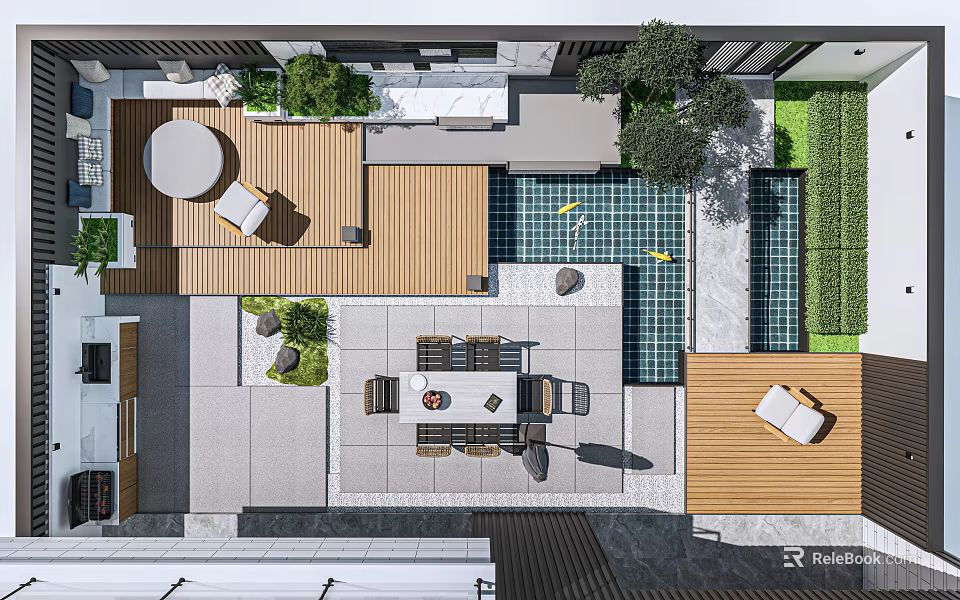 Modern Courtyard Garden Featuring Wooden Deck Swimming Pool Outdoor Seating And Lush Green Plants 3d model 