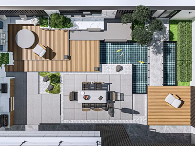 Modern Courtyard Garden Featuring Wooden Deck Swimming Pool Outdoor Seating And Lush Green Plants 3d model