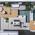 Modern Courtyard Garden Featuring Wooden Deck Swimming Pool Outdoor Seating And Lush Green Plants