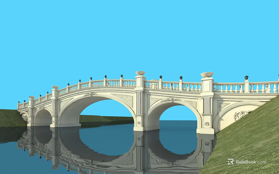 Classical White Arch Bridge With Ornate Railings Water Reflection Green Grass And Blue Sky 3d model 