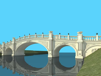 Classical White Arch Bridge With Ornate Railings Water Reflection Green Grass And Blue Sky 3d model