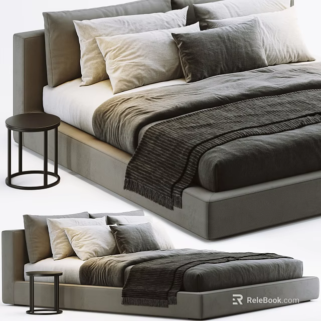 Modern Double Bed with Soft Pillows Cozy Blanket and Side Table 3d model 