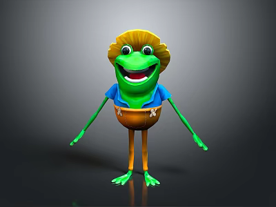 Cartoon Frog Character With Yellow Straw Hat Green Body Blue Shirt And Orange Pants 3d model