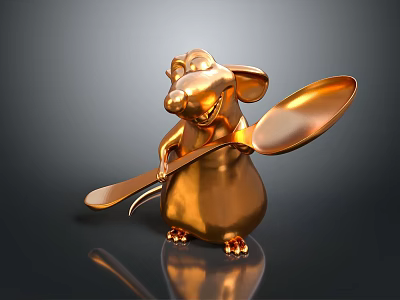 Golden Mouse Game Movie Character Holding Big Spoon Shiny Smiling Statue Design 3d model