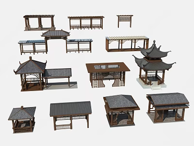 Traditional Landscape Pavilions With Various Designs And Wooden Tile Roof Structures 3d model