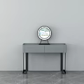 Minimalist Gray Dressing Table With Two Drawers Black Legs And Round Mirror Stand