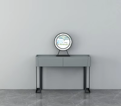 Minimalist Gray Dressing Table With Two Drawers Black Legs And Round Mirror Stand 3d model
