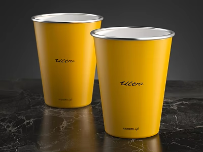 Yellow Cups With Silver Rim And Ultr Logo On Black Marble Surface 3d model
