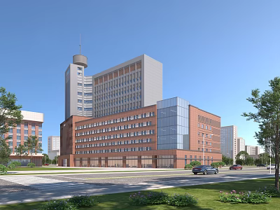 Modern Hospital Building with Red Brick and Glass Facade Surrounded by Greenery Road and Cars 3d model