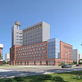 Modern Hospital Building with Red Brick and Glass Facade Surrounded by Greenery Road and Cars