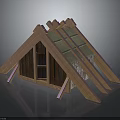 Traditional Wooden Cottage Structure With Triangular Roof Thatch Covering And Small Window