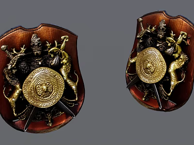 Shield Shaped Decorative Ornament Set With Wooden Base And Metal Animal Emblems 3d model