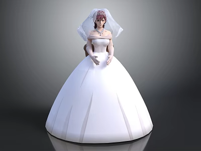 Elegant Bride in White Wedding Dress with Veil Standing Gracefully 3d model