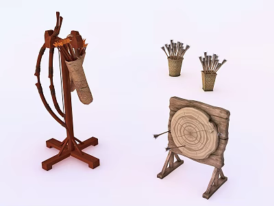 Rustic Garden Decor with Wooden Stand Woven Bag Hay Pots and Target 3d model