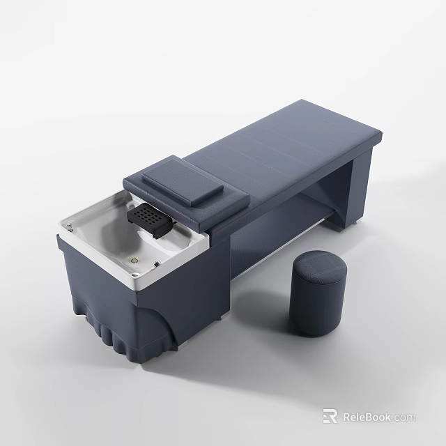 Navy Blue Massage Bed With Silver Control Panel And Small Round Stool 3d model