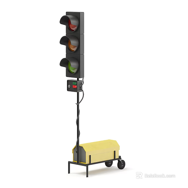 Mobile Traffic Light As Road Safety Equipment With Yellow Base And Wheels 3d model 