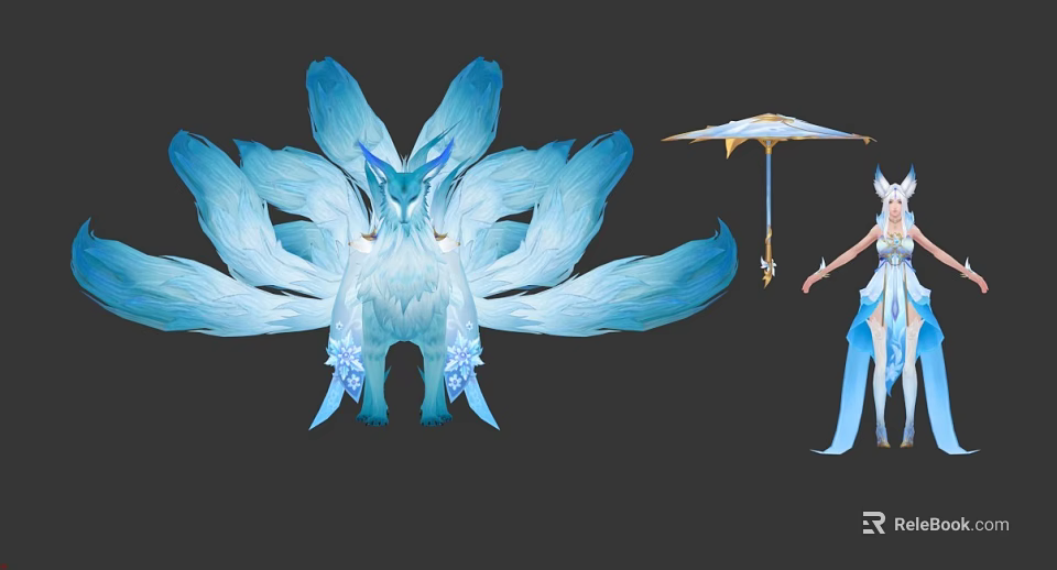 Elegant Woman With White Hair Standing Near Blue Mythical Creature And Holding Umbrella 3d model 