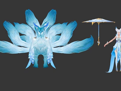 Elegant Woman With White Hair Standing Near Blue Mythical Creature And Holding Umbrella 3d model