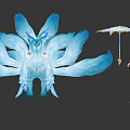 Elegant Woman With White Hair Standing Near Blue Mythical Creature And Holding Umbrella