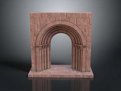 Classic Stone Entry Gate With Arch Structure And Brick Pillars Design 3d model
