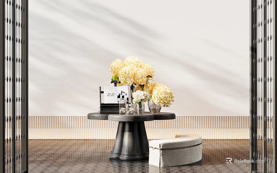 Decorative Round Console Table Featuring Yellow Hydrangea Flowers Beige Upholstered Stool and Light Colored Wall 3d model