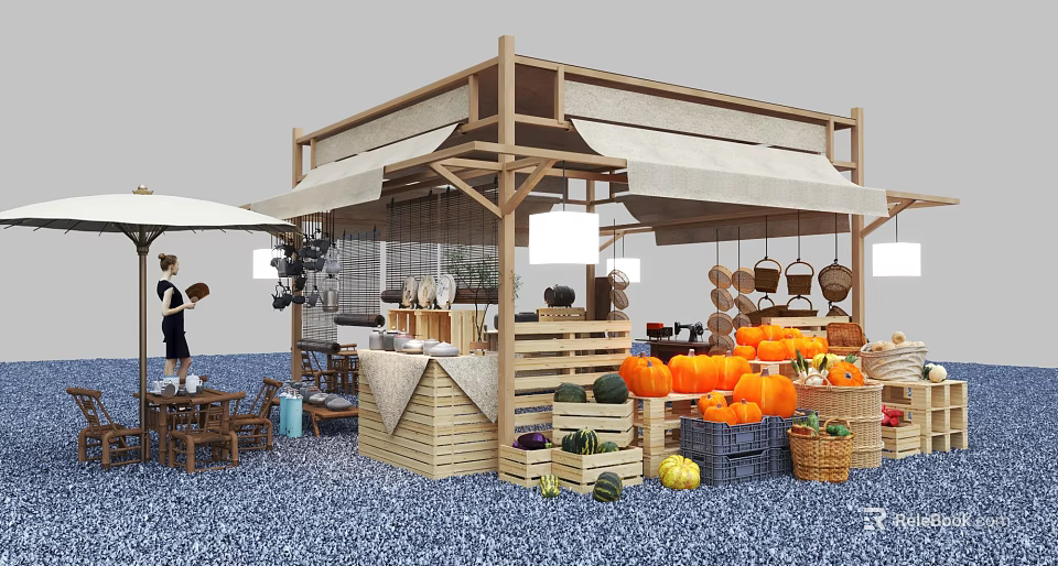 Wooden Outdoor Fruit Stall With Canopy Displaying Fresh Pumpkins Watermelons Oranges And Baskets 3d model 