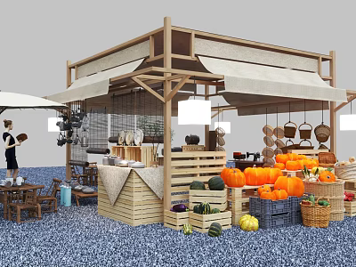 Wooden Outdoor Fruit Stall With Canopy Displaying Fresh Pumpkins Watermelons Oranges And Baskets 3d model