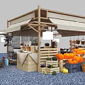 Wooden Outdoor Fruit Stall With Canopy Displaying Fresh Pumpkins Watermelons Oranges And Baskets