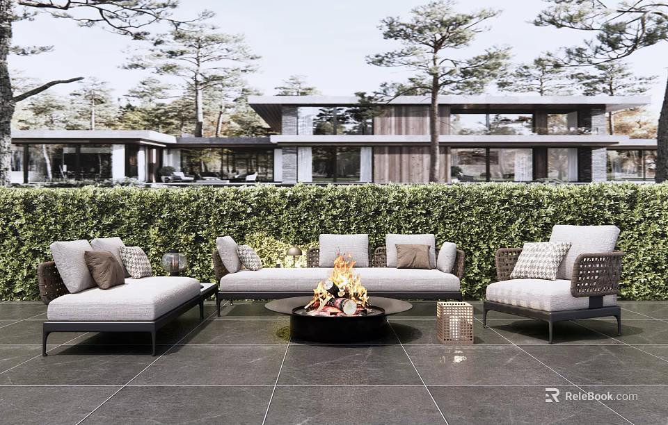 Modern Outdoor Sofa Set With Fire Pit And Lush Greenery In Patio Area 3d model 
