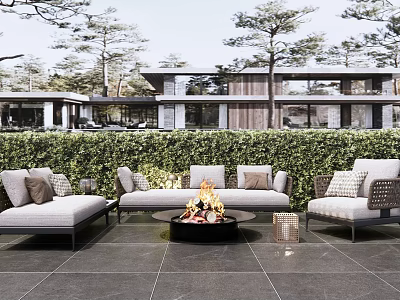 Modern Outdoor Sofa Set With Fire Pit And Lush Greenery In Patio Area 3d model