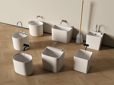 Modern White Bathroom Accessories With Various Shapes Faucets Mop And Wooden Floor 3d model