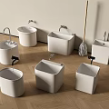 Modern White Bathroom Accessories With Various Shapes Faucets Mop And Wooden Floor