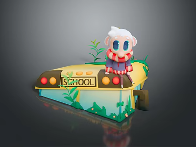 Woman With White Hair Blue Eyes Red Striped Scarf On Yellow School Platform Green Plants 3d model